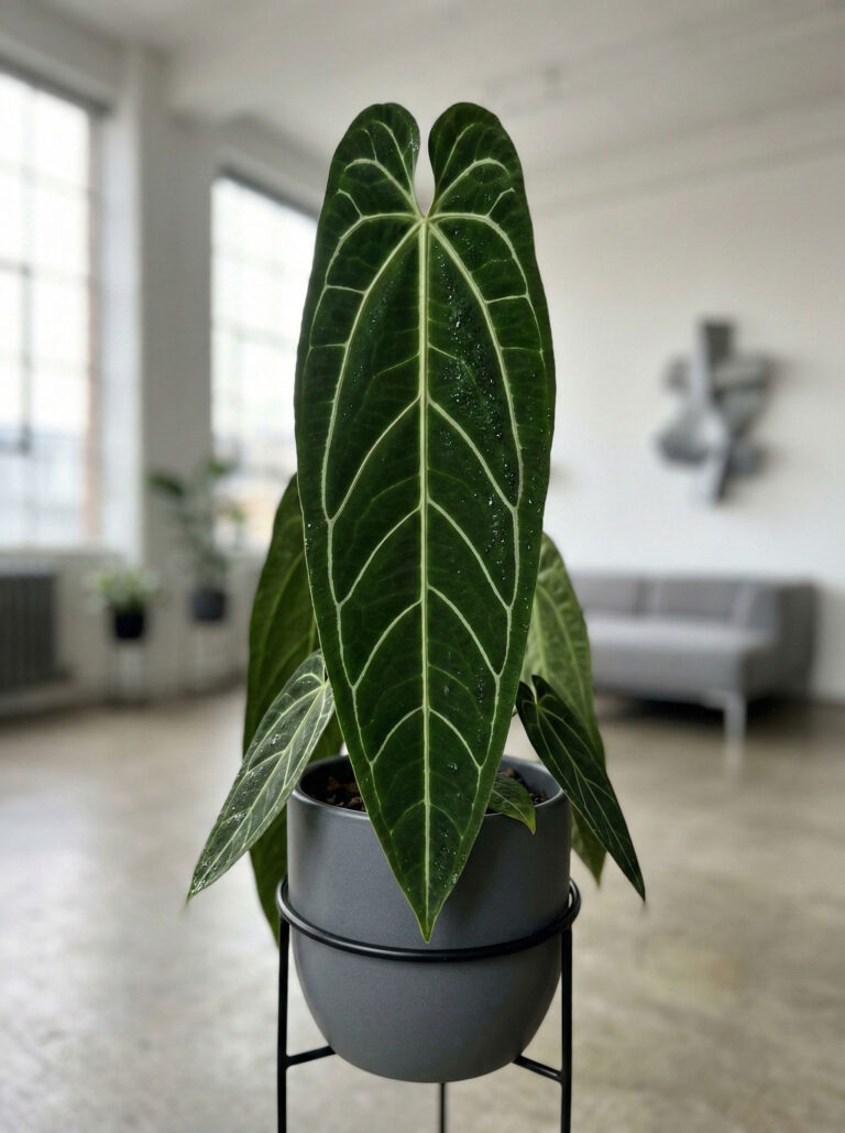 Zbliżenie na duży, aksamitny liść Anthurium warocqueanum z jasnymi nerwami w szarej doniczce na stojaku w industrialnym lofcie.